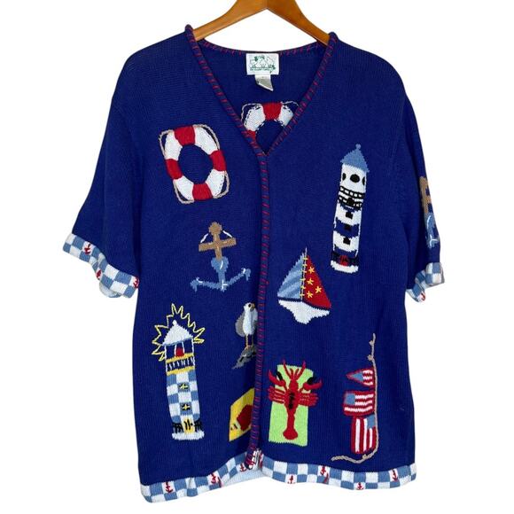 Quacker‎ Factory Cardigan Women Large Blue Coastal Nautical Novelty Beach Ocean - Picture 1 of 7